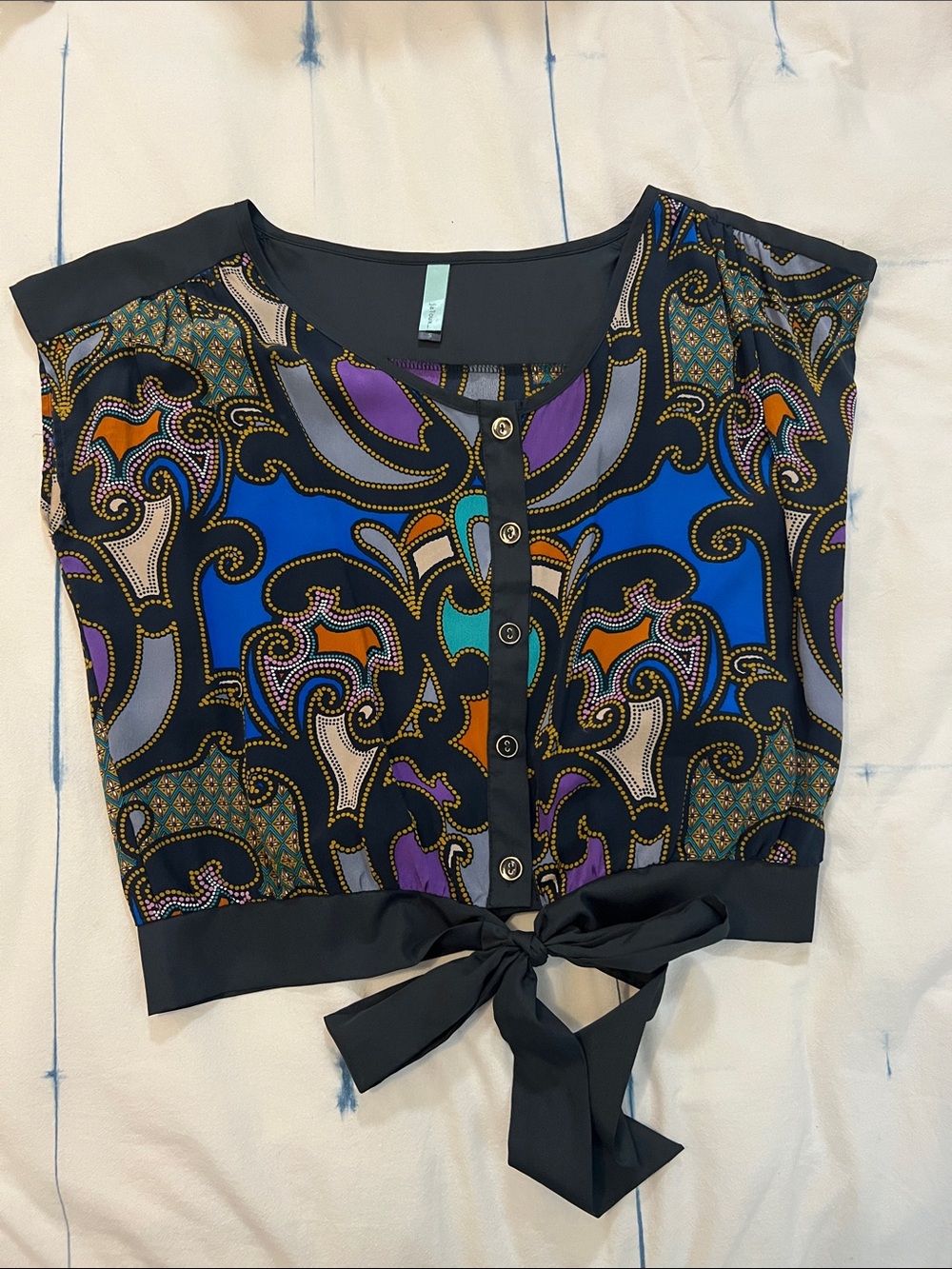 Womens Black Printed Tie-Front Blouse with Multicolor Paisley Detail